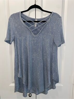 Crisscross V-Neck Washed Light Blue Women's Top